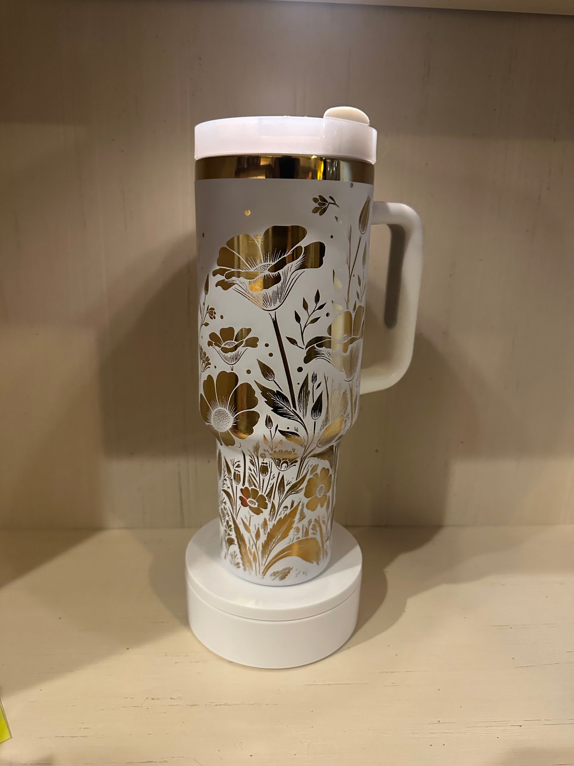 40oz Laser Engraved White and Gold Floral Tumbler