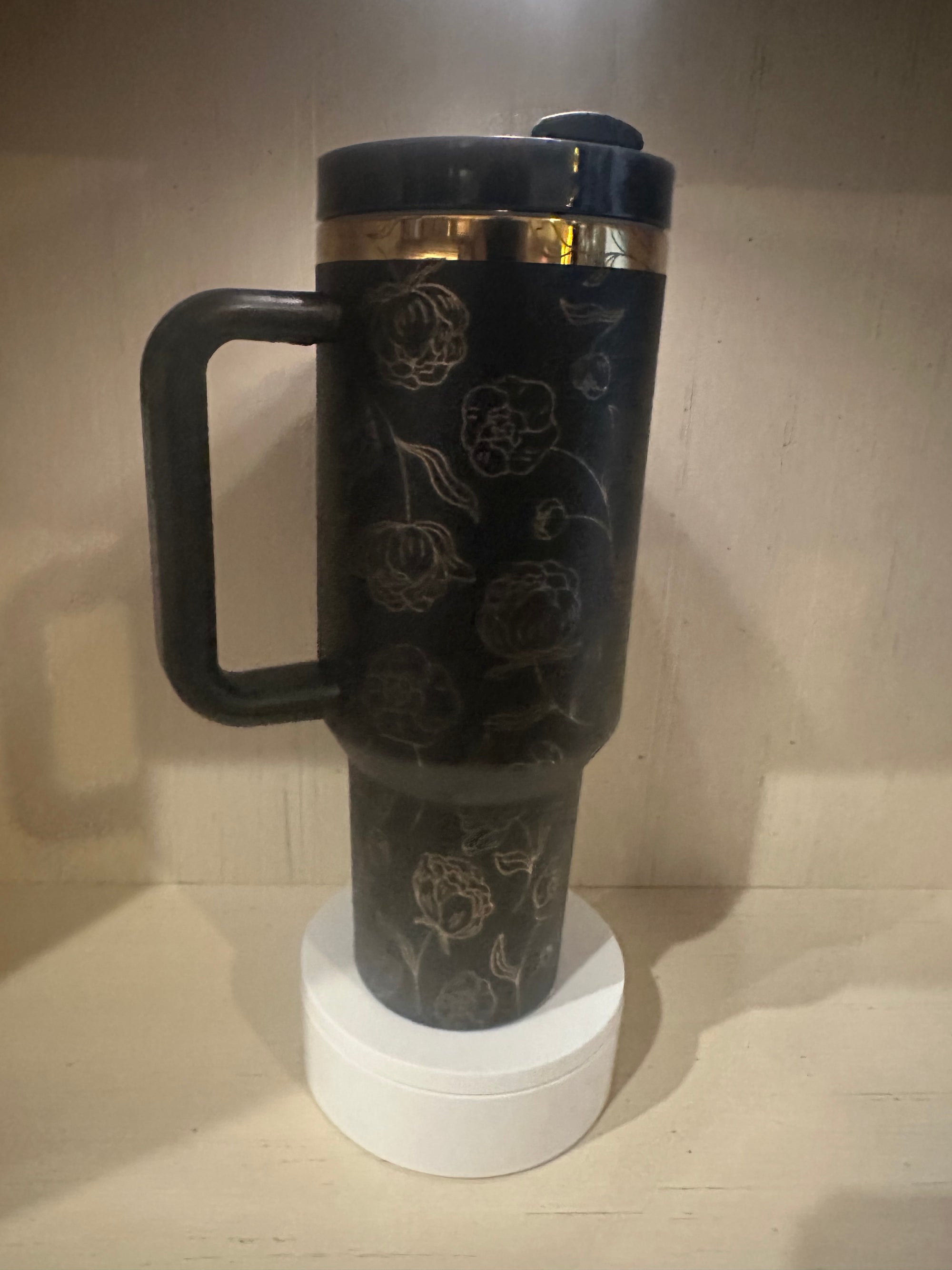 40oz laser engraved Black and Gold Flower Tumbler