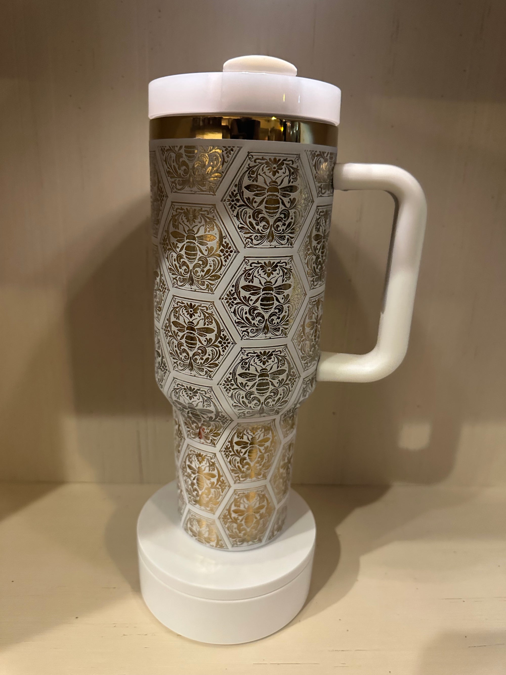 40oz White and Gold Bumblebee HoneyComb Tumbler