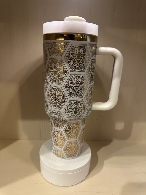 40oz White and Gold Bumblebee HoneyComb Tumbler