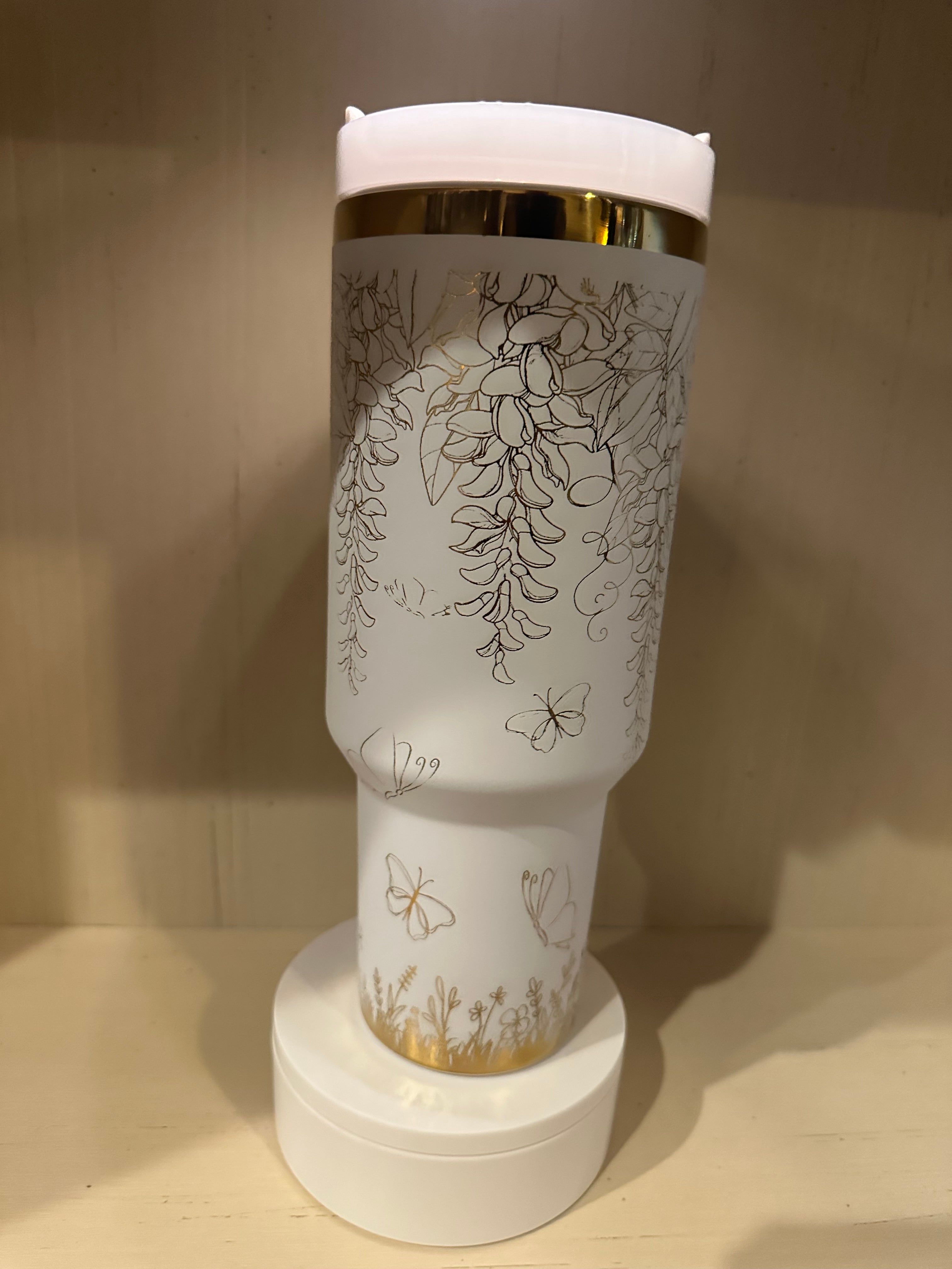 White and Gold Butterfly Flower 40oz Tumbler