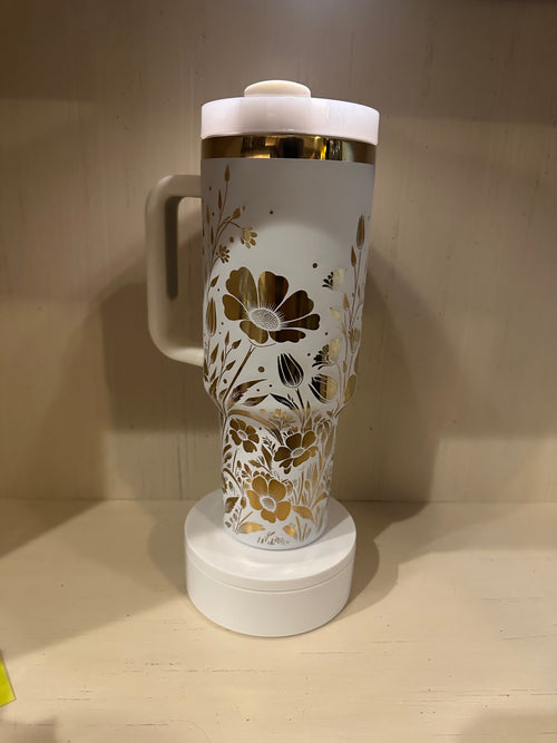 40oz Laser Engraved White and Gold Floral Tumbler
