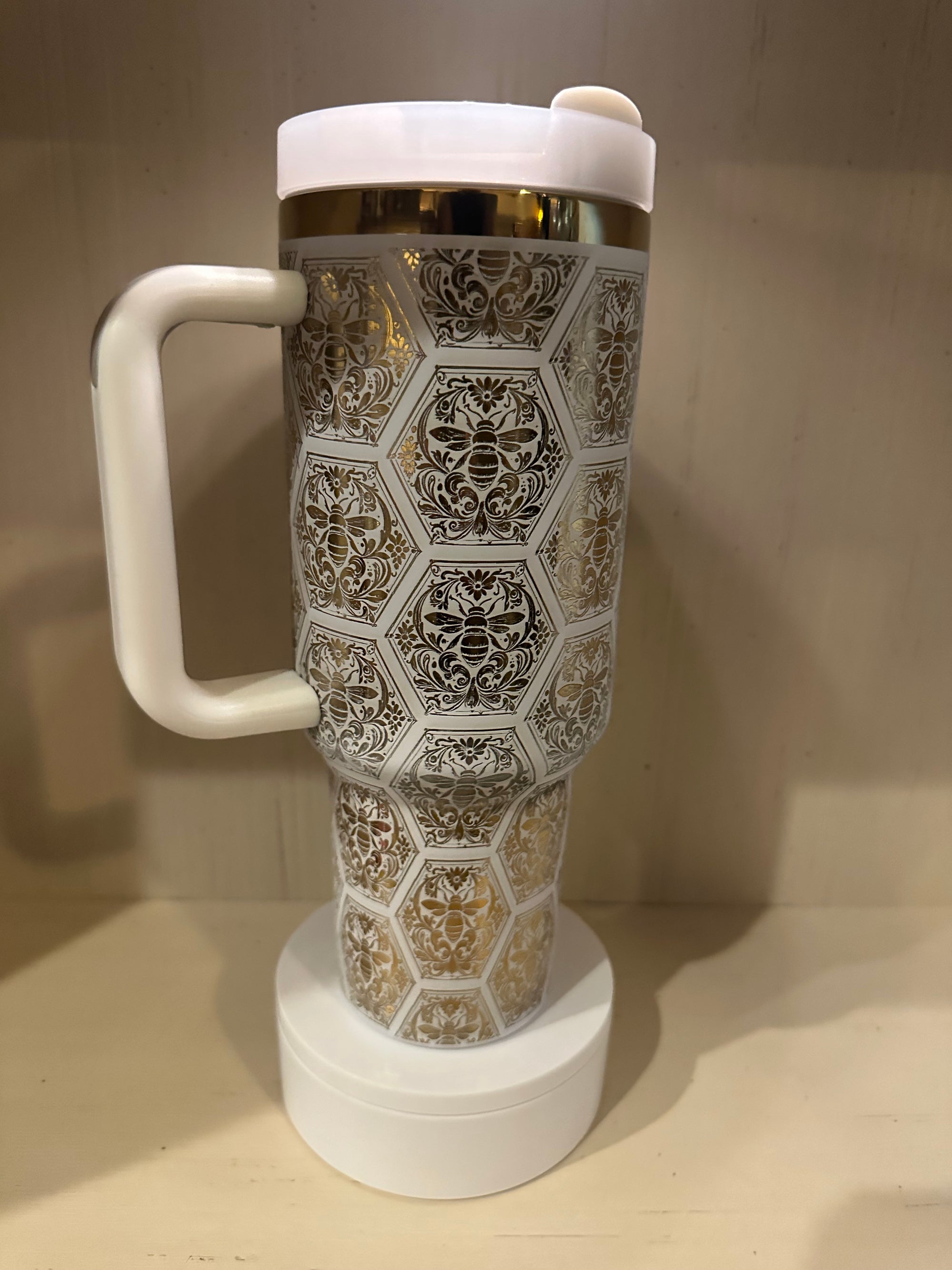 40oz White and Gold Bumblebee HoneyComb Tumbler