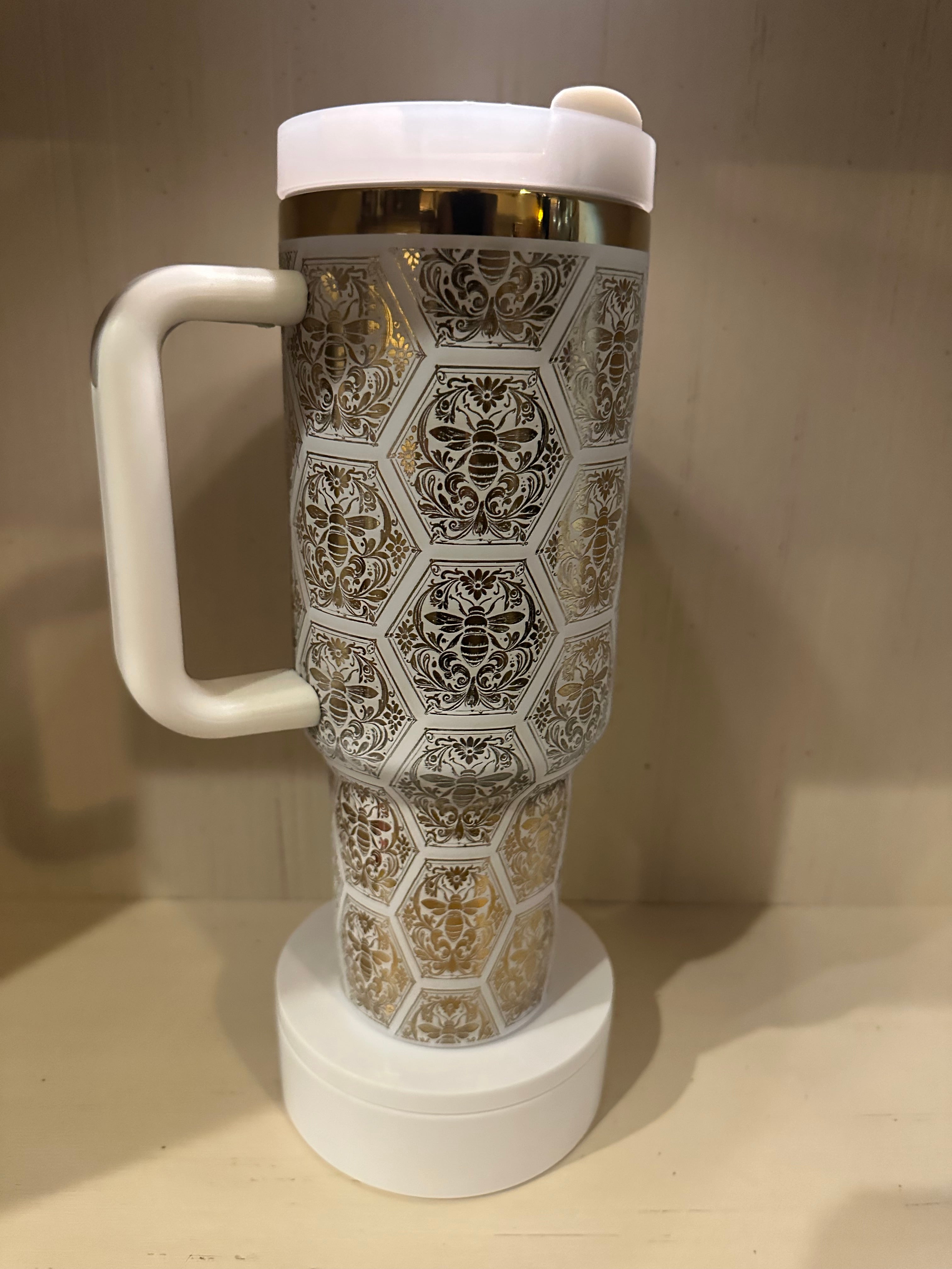 40oz White and Gold Bumblebee HoneyComb Tumbler