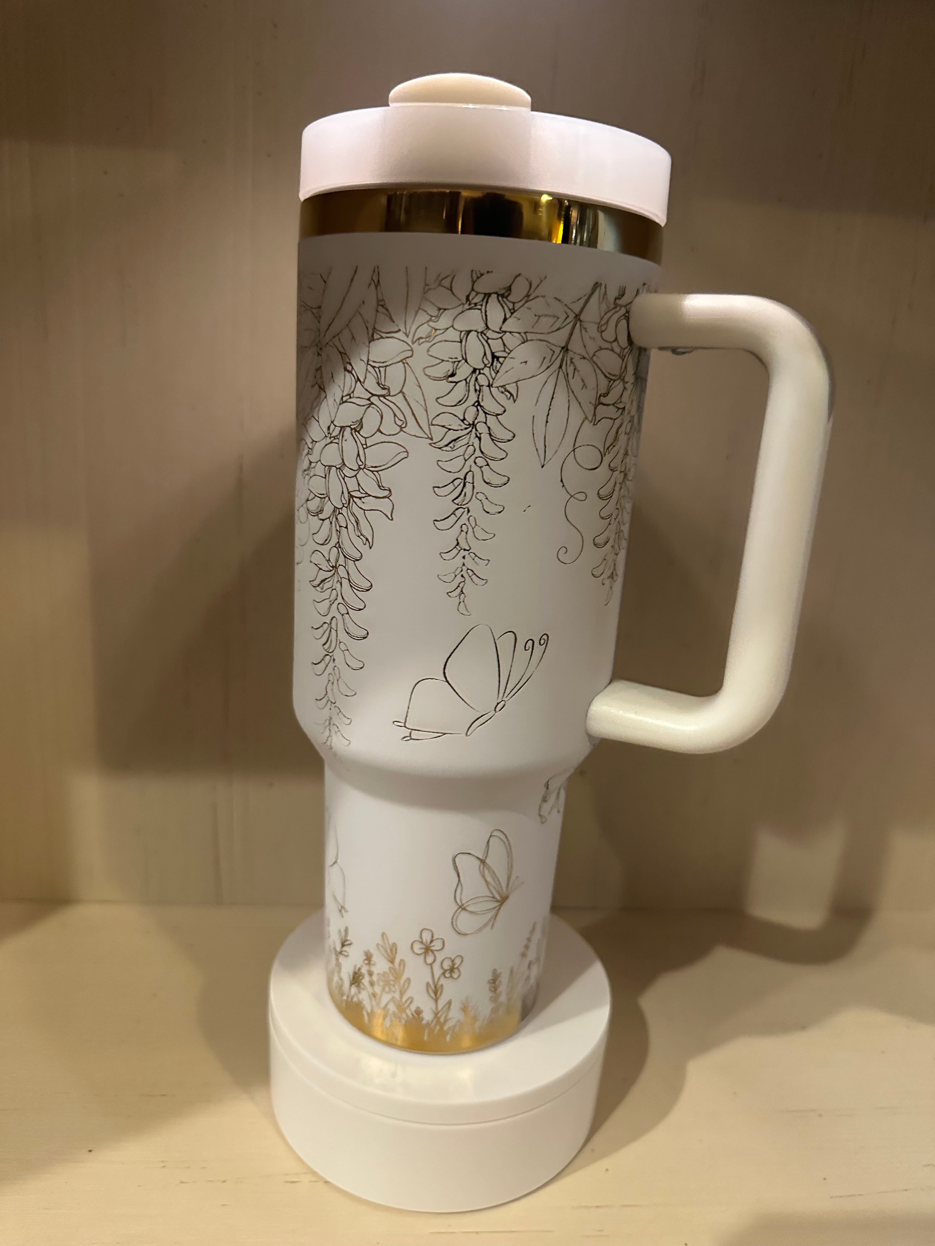 White and Gold Butterfly Flower 40oz Tumbler