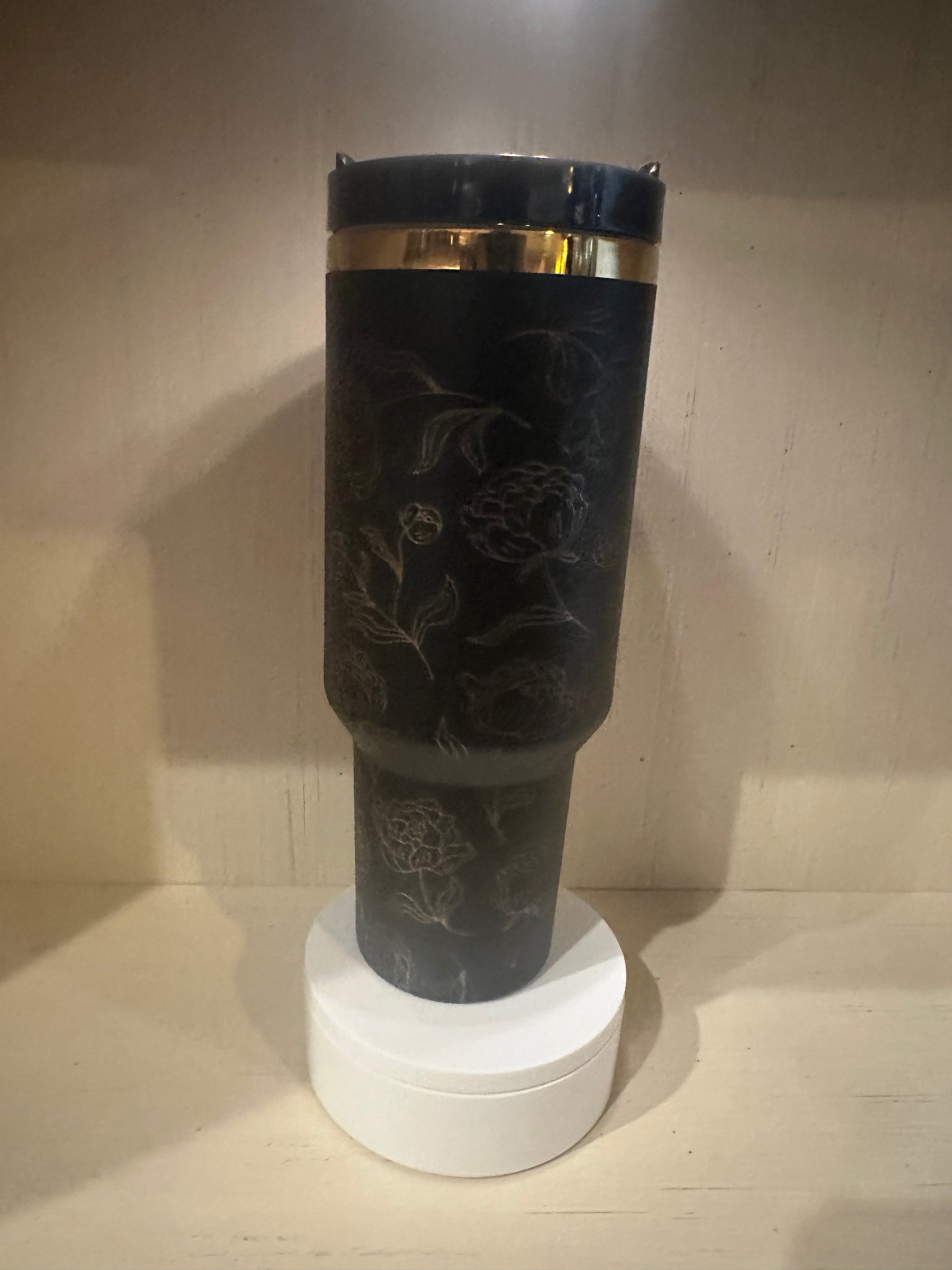 40oz laser engraved Black and Gold Flower Tumbler