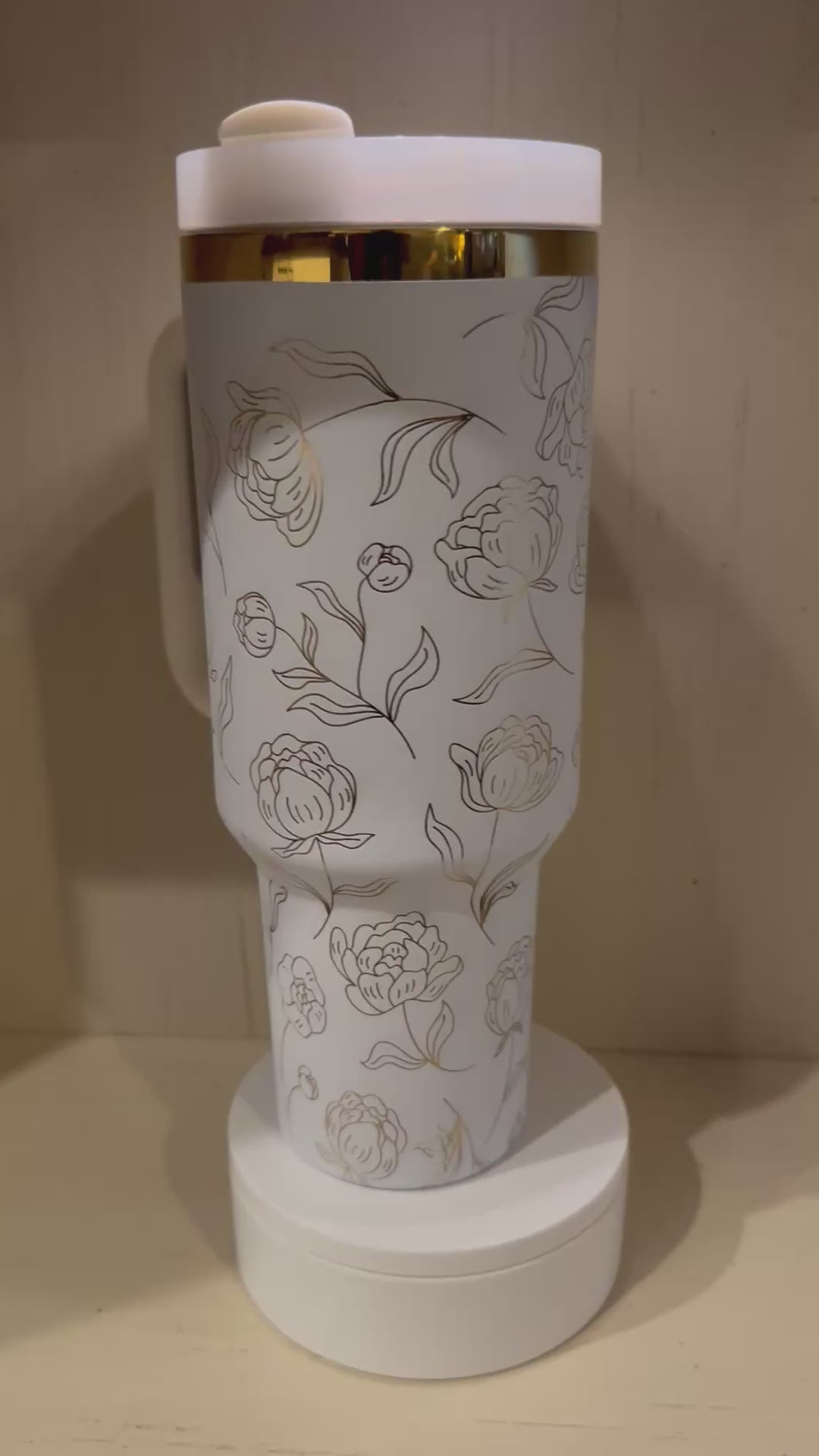 White and gold 40oz laser engraved tumbler Flowers
