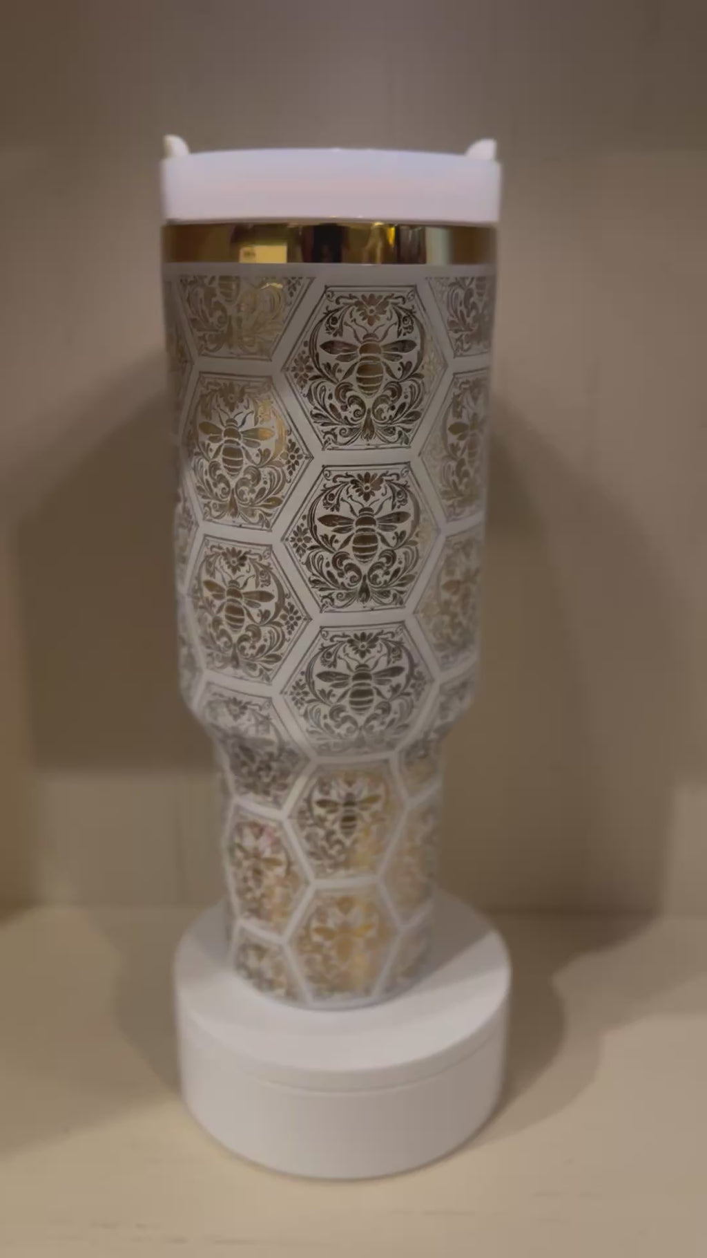 40oz White and Gold Bumblebee HoneyComb Tumbler