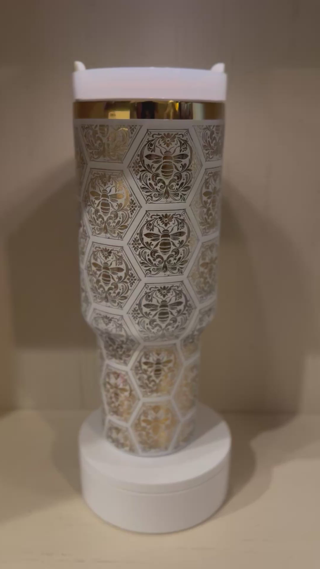 40oz White and Gold Bumblebee HoneyComb Tumbler