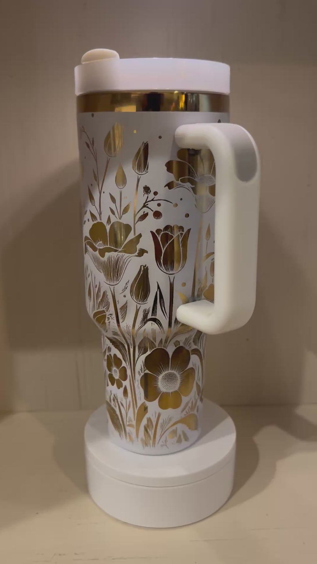 40oz Laser Engraved White and Gold Floral Tumbler