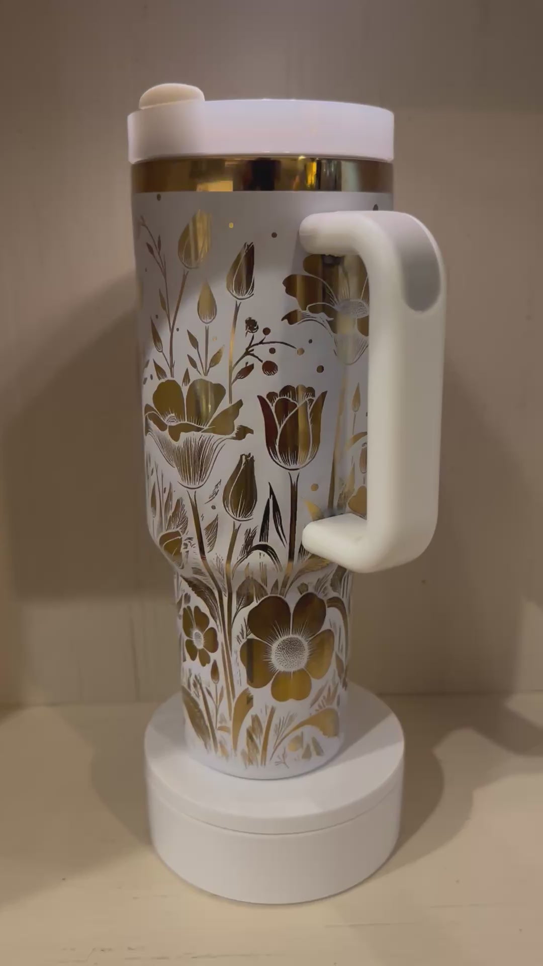 40oz Laser Engraved White and Gold Floral Tumbler